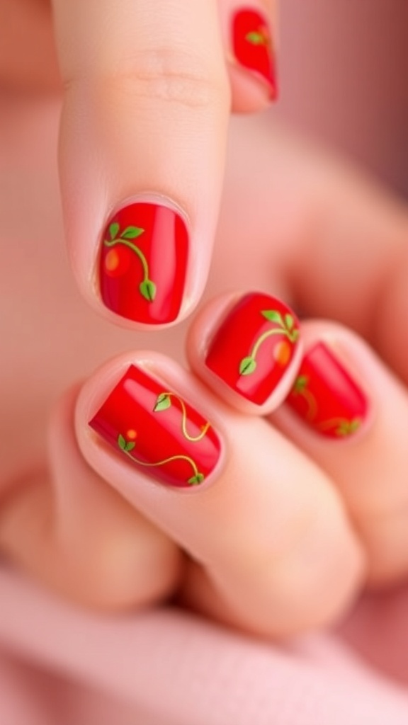 Tomato-Inspired Nail Design Close-up of tomato-inspired nail design with red and green colors.